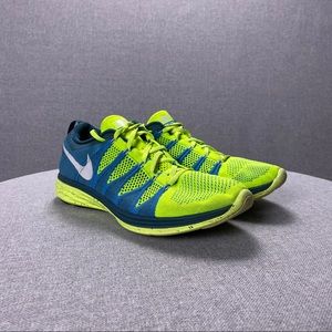 Nike Flyknit Lunar 2 Volt Blue Green Running Shoes 620465-714 Men's Size 10 Neon